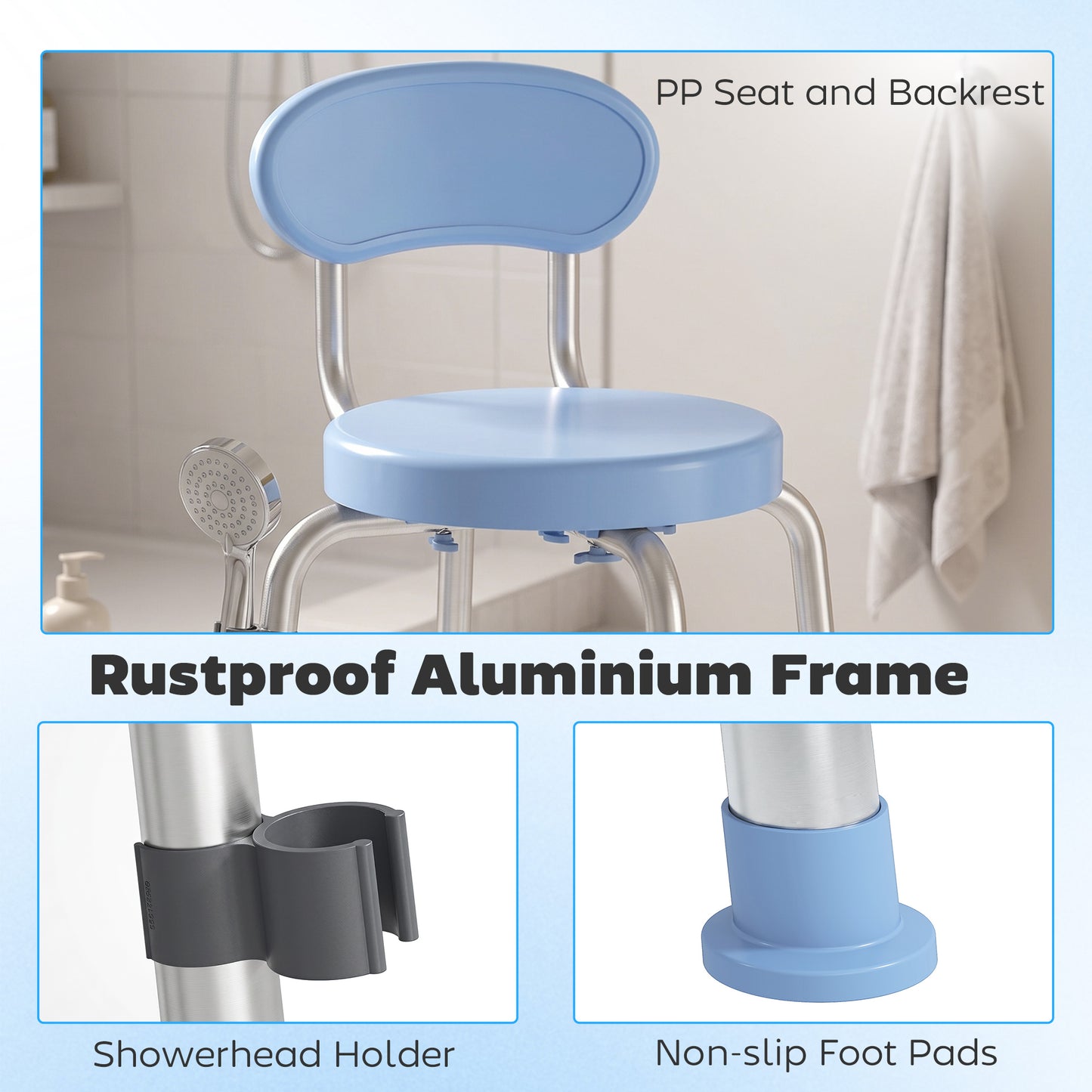 HOMCOM 360° Swivel Shower Stool with Aluminium Frame, 5-Level Adjustable Height, Backrest, Non-Slip Shower Chair for Elderly