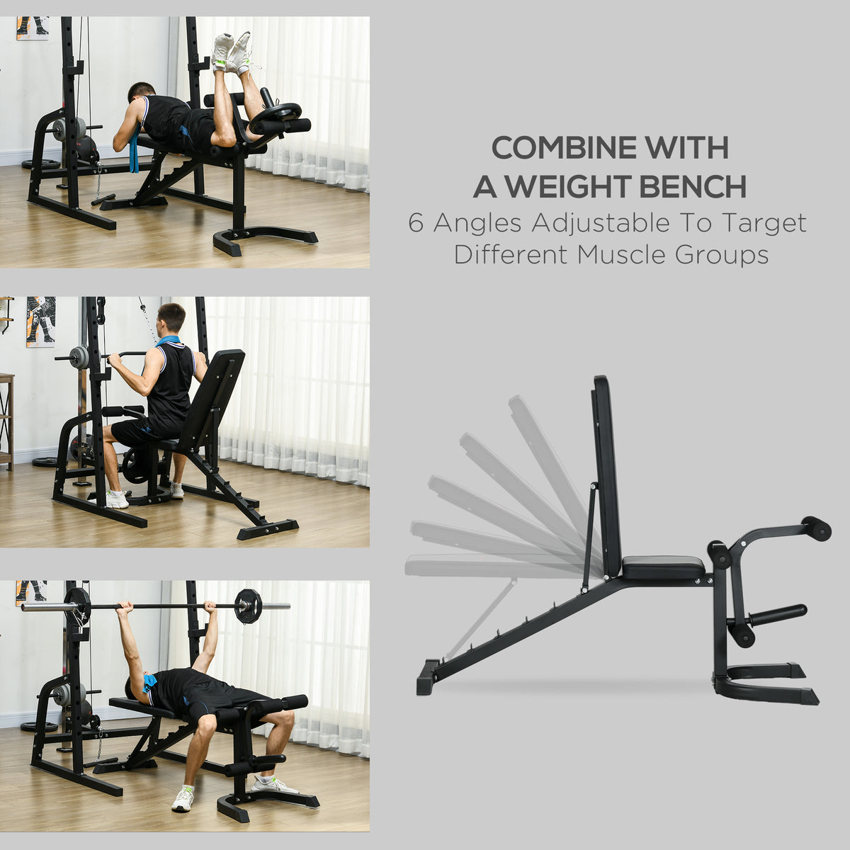 SPORTNOW Smith Machine & Cable Pulley System with Adjustable Weight Bench, Multifunction Home Gym Power Rack with Lat Pull Down System, Barbell Rack for Full Body Training, Black