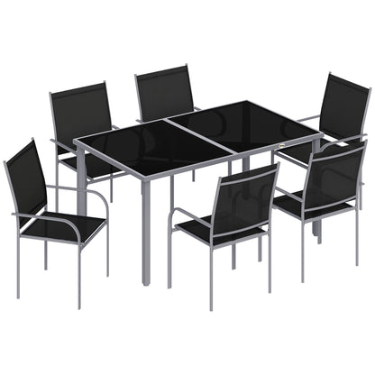 Outsunny 7 Piece Outdoor Garden Dining Set with Table and 6 Stackable Chairs, Steel Frame, Tempered Glass Top, Mesh Seats, Black