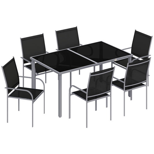 Outsunny 7 Piece Outdoor Garden Dining Set with Table and 6 Stackable Chairs, Steel Frame, Tempered Glass Top, Mesh Seats, Black