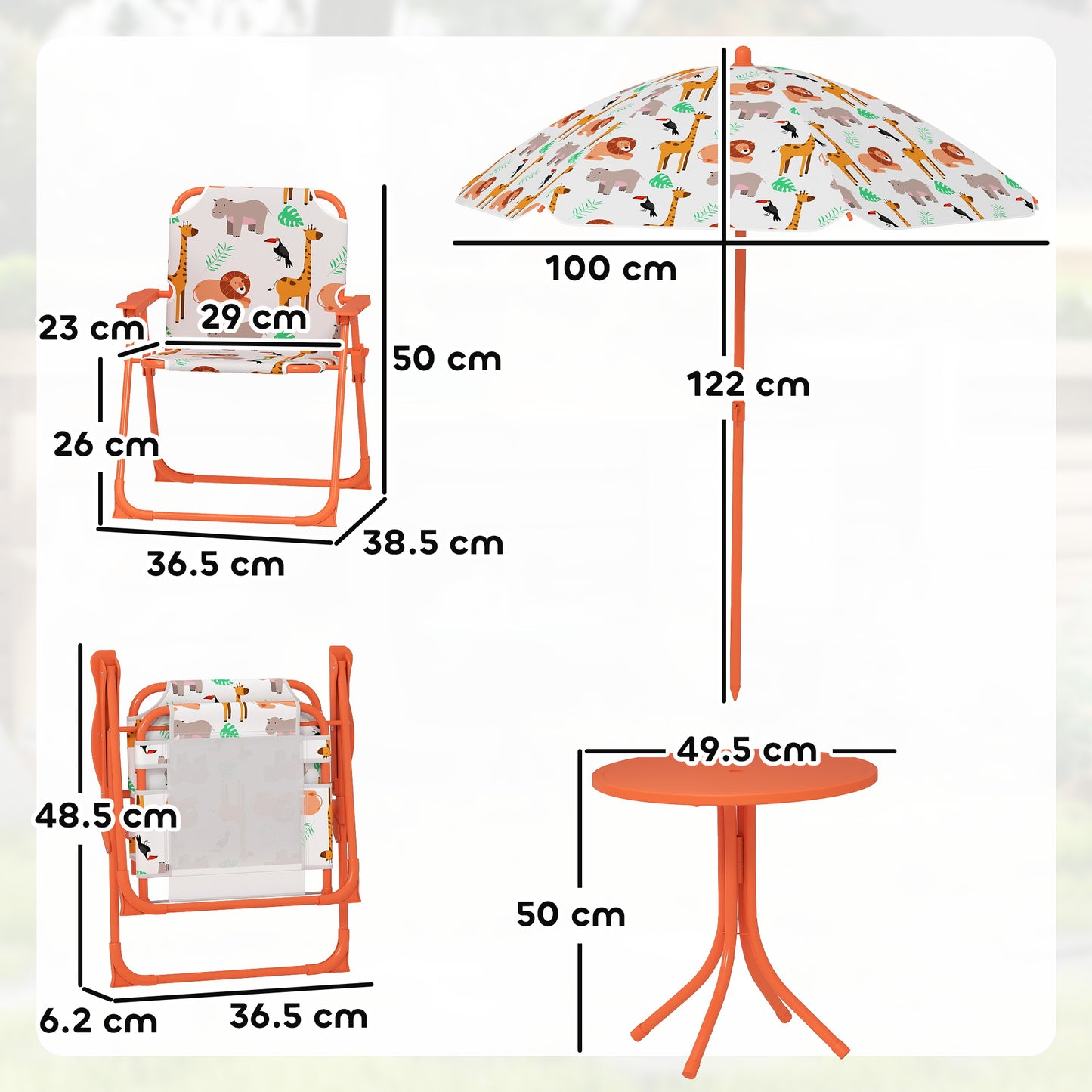 AIYAPLAY Kids Patio Set, Children Table and Chair Set, Outdoor Picnic Table with 2 Folding Chairs and Umbrella, Orange--ChewyGames-ChewyGames