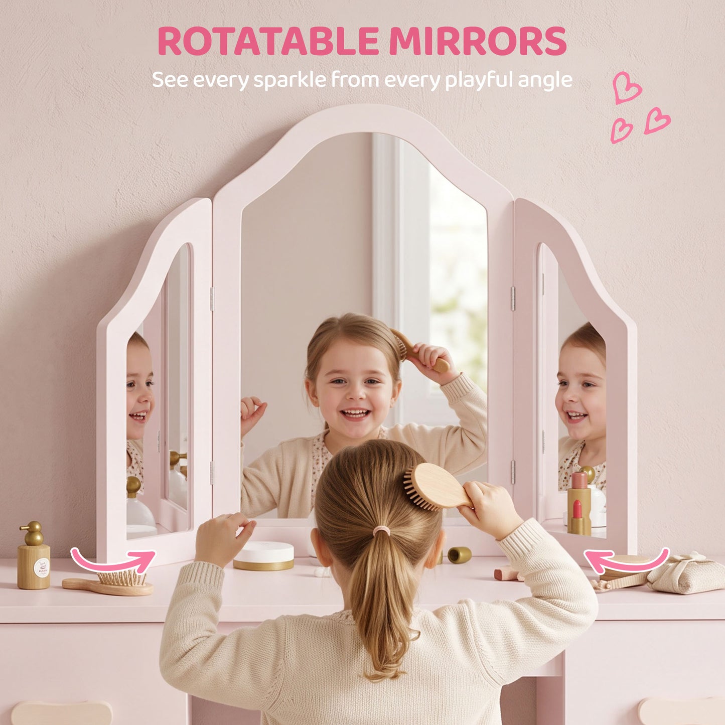 AIYAPLAY Kids Dressing Table, Kids Vanity Table and Chair Set with Tri-Folding Mirror, 2 Drawers, 2 Cabinets for Girls 3+, Pink