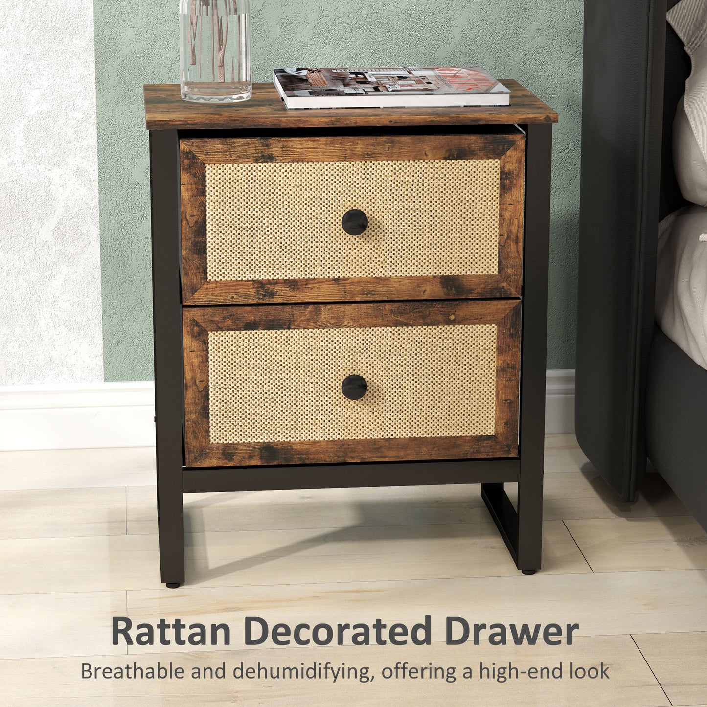 HOMCOM Industrial-Natural Bedside Table Set of 2 - Brown