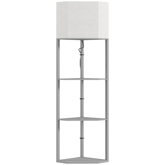 HOMCOM Corner Floor Lamp with Shelves, Tall Standing Lamps for Living Room, with Pull Chain Switch Bulb not Included, Grey