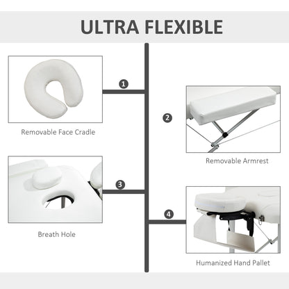 HOMCOM Foldable Massage Bed Portable Table, 3-Section Aluminium Foldable Beauty Couch, Professional Salon Spa Table with Headrest Support and Carry Bag, 81 cm Width, White