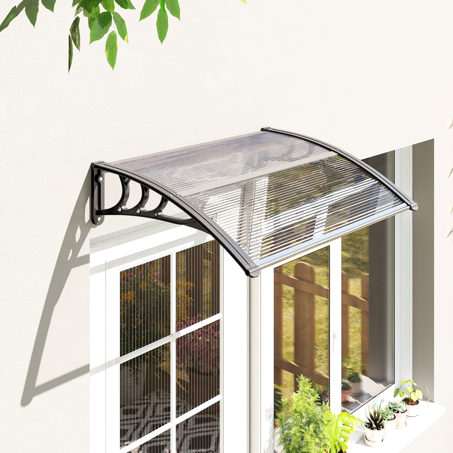 Outsunny Front Door Canopy Outdoor Awning Aluminium Rigid Plastic Polycarbonate Rain Shelter UV Water Rain Resistant 120 x 75cm White