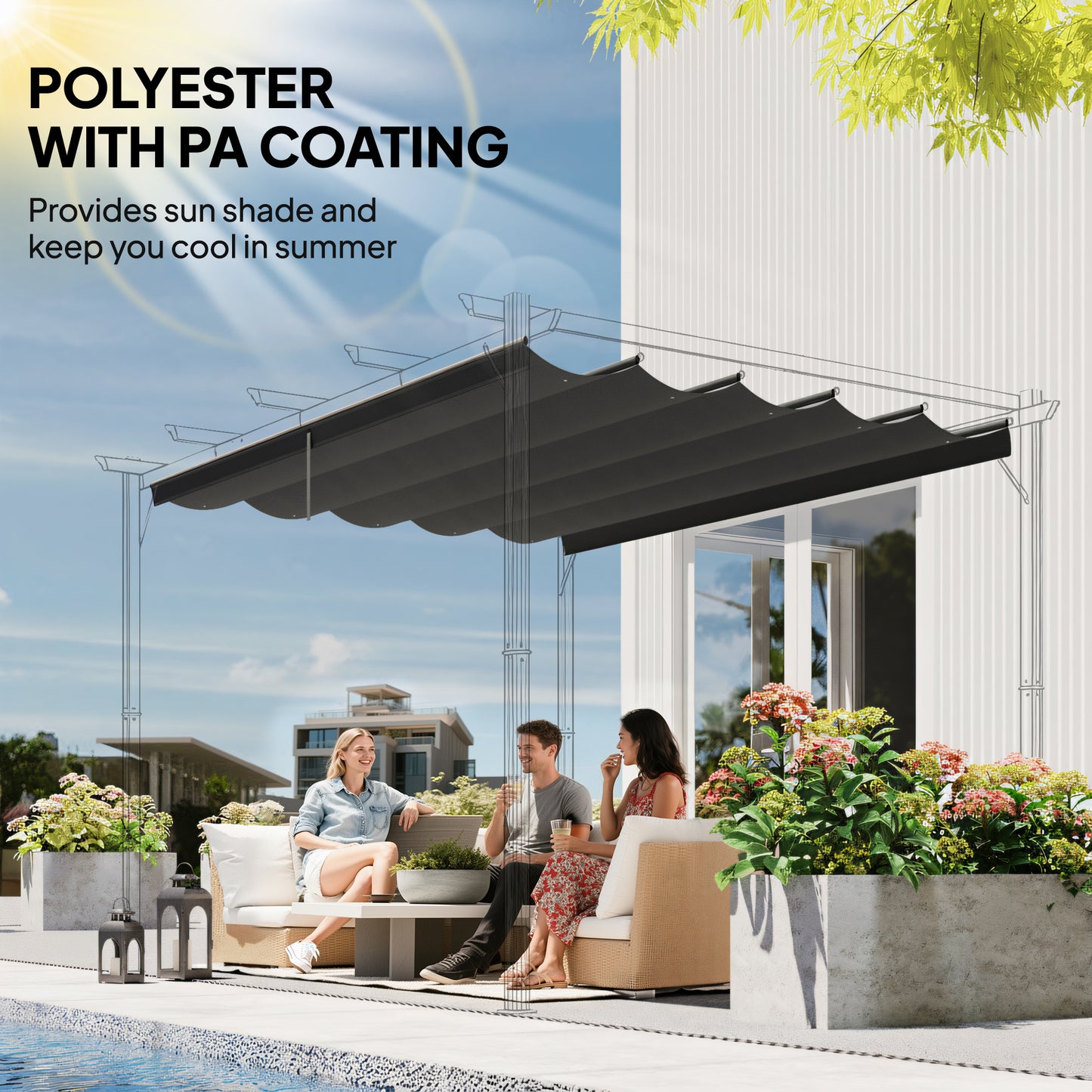 Outsunny Retractable Pergola Cover, 2.55 x 2.5 m Replacement Canopy Fabric for 3 x 3 m Frame, Roof Top Only, Dark Grey