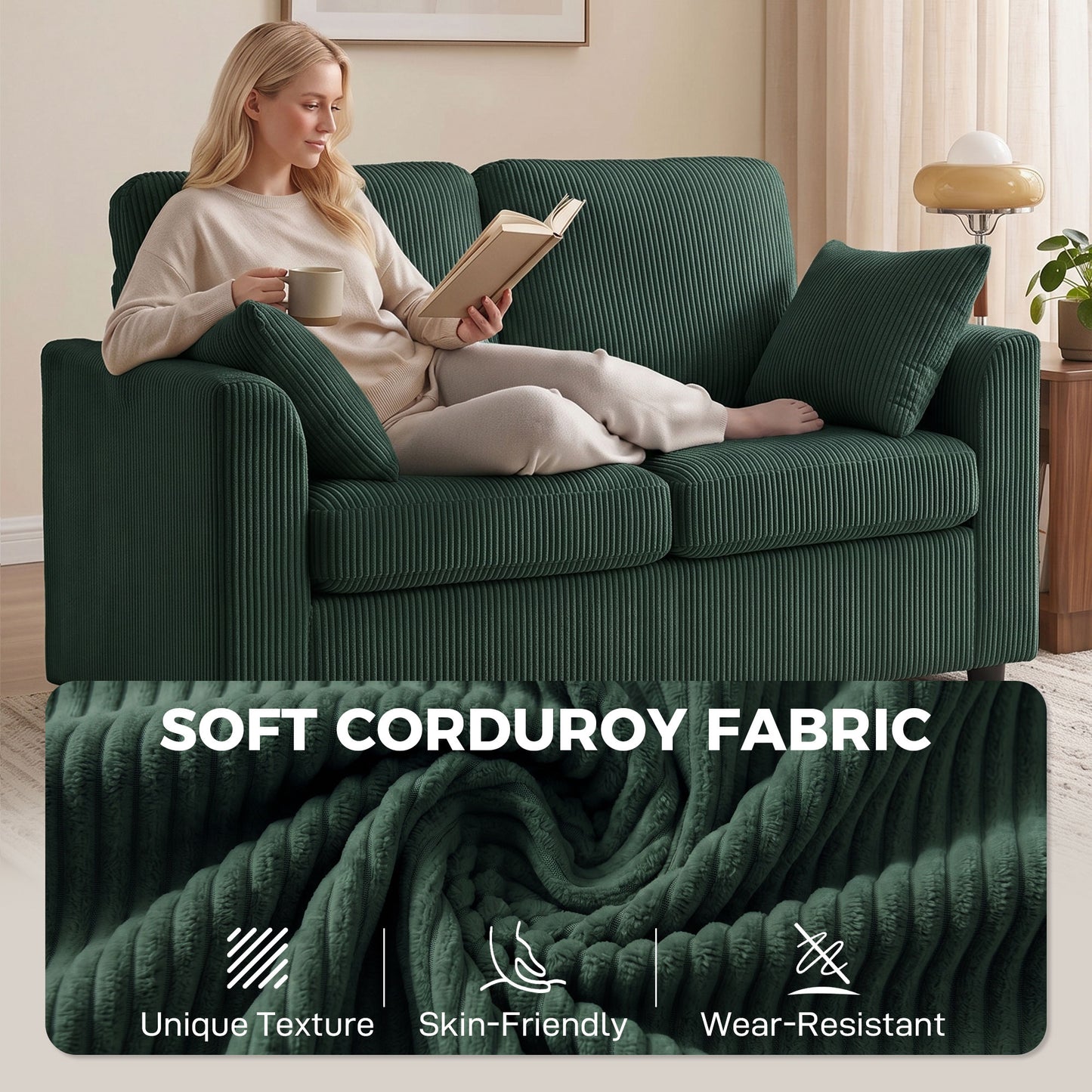 HOMCOM 2 Seater Sofa, Corduroy Small Couch with Spring Cushion, Wide and Deep Seat, Dark Green