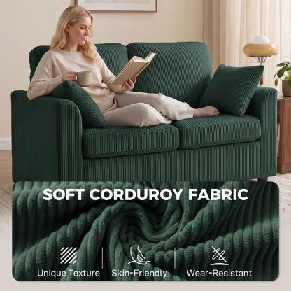 HOMCOM 2 Seater Sofa, Corduroy Small Couch with Spring Cushion, Wide and Deep Seat, Dark Green