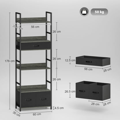 HOMCOM Industrial Style Bookcase, with 4 Shelves and 3 Fabric Drawers - Grey/Black