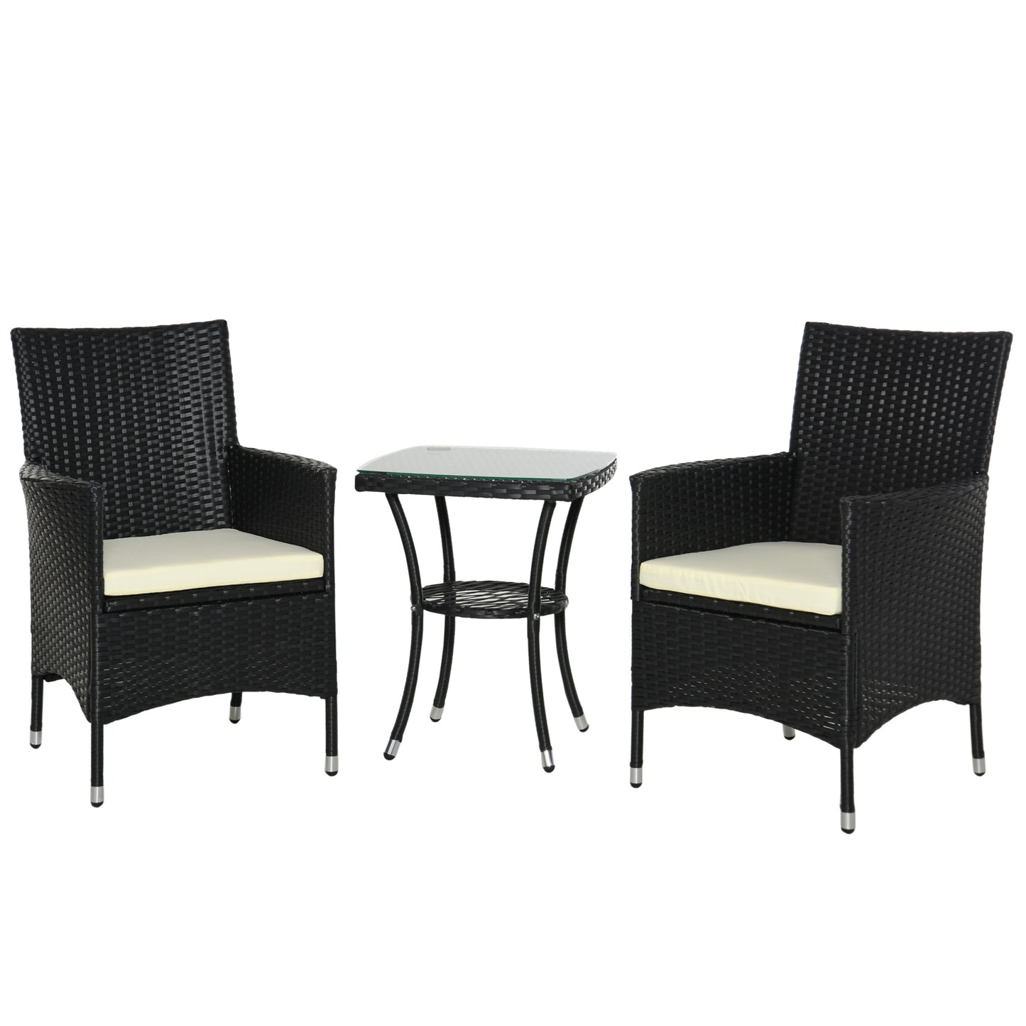 Outsunny 3 Pieces Rattan Bistro Set, Wicker Garden Furniture Set with 2-Tier Coffee Table and Chairs, Cushions, for Outdoor Patio Balcony, Black--ChewyGames-ChewyGames
