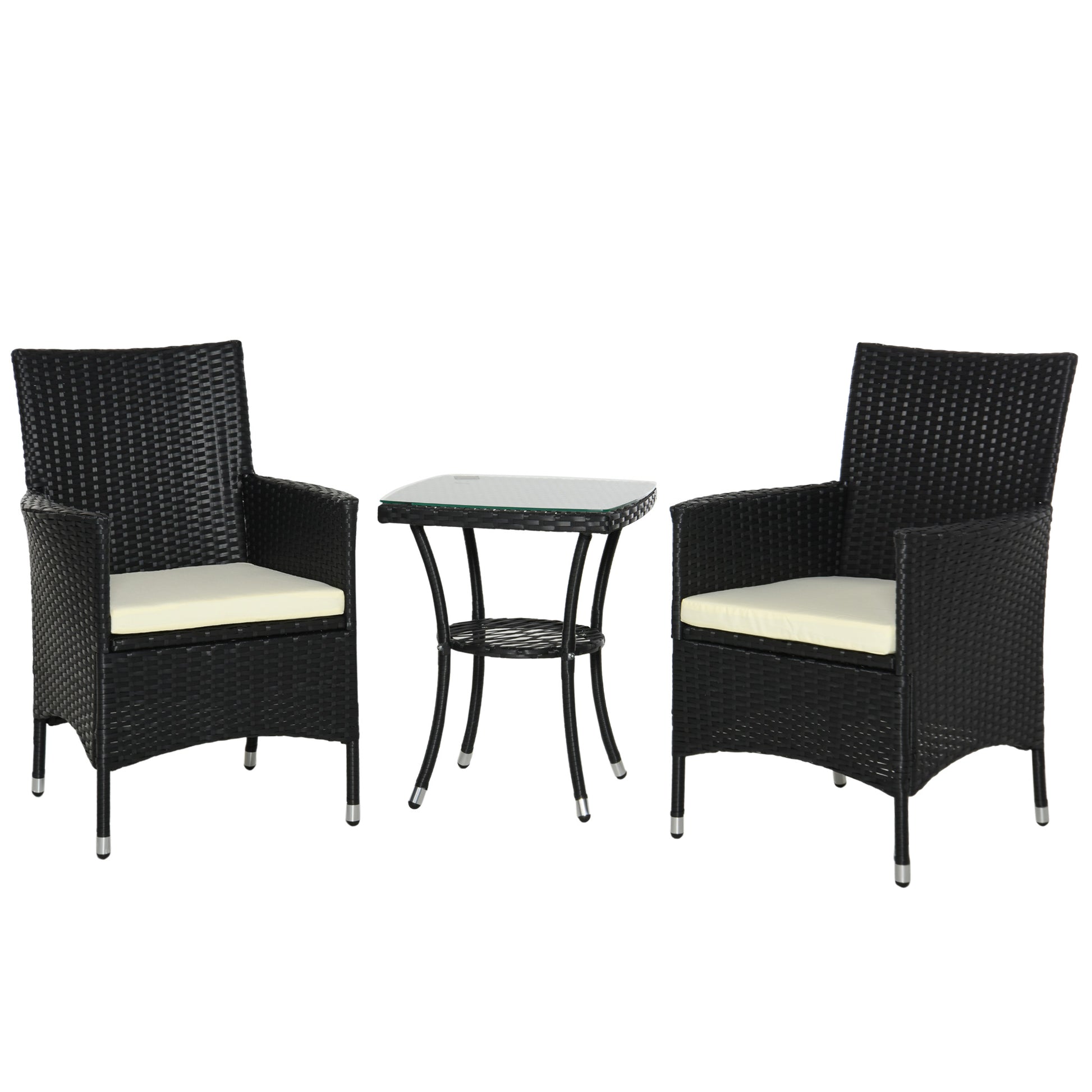 Outsunny 3 Pieces Rattan Bistro Set, Wicker Garden Furniture Set with 2-Tier Coffee Table and Chairs, Cushions, for Outdoor Patio Balcony, Black--ChewyGames-ChewyGames