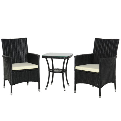 Outsunny 3 Pieces Rattan Bistro Set, Wicker Garden Furniture Set with 2-Tier Coffee Table and Chairs, Cushions, for Outdoor Patio Balcony, Black--ChewyGames-ChewyGames