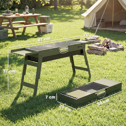 Outsunny Portable BBQ Grill, Foldable Charcoal Grill for Camping and Picnics with 2 Side Shelves and Handle, Green