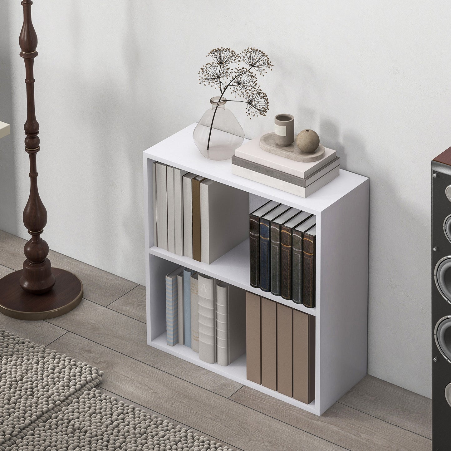 HOMCOM 2 Tier Bookshelf, Low Bookcase with Adjustable Shelf, 2 Compartments for Home Office, Living Room, Study, White-Rack Bookcases & Shelves-ChewyGames-ChewyGames