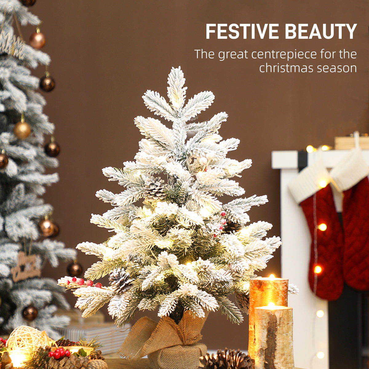 HOMCOM 60 cm Prelit Small Christmas Tree with 35 LED Lights, Snow Flocked Tabletop Mini Xmas Tree with Pine Cones, Berry Clusters and Linen Cover Base, Battery Operated, Green