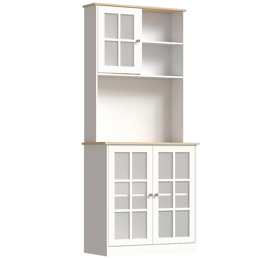 HOMCOM Freestanding Kitchen Cupboard, Storage Cabinet with Doors and Adjustable Shelves, Counter Top, Grid Glass Doors, 80L x 37W x 183H cm - White