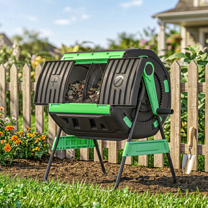Outsunny Garden Compost Bin, 200L Dual Chamber Tumbling Composter with Adjustable Vents, BPA Free Compost Tumbler, Green