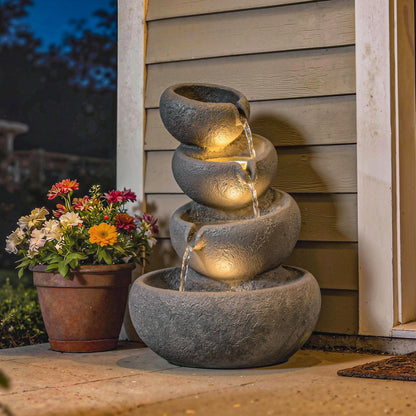 Outsunny 4-Tier Water Fountain Outdoor, Garden Water Feature with LED Lights and Pump, Freestanding Resin Waterfall for Patio