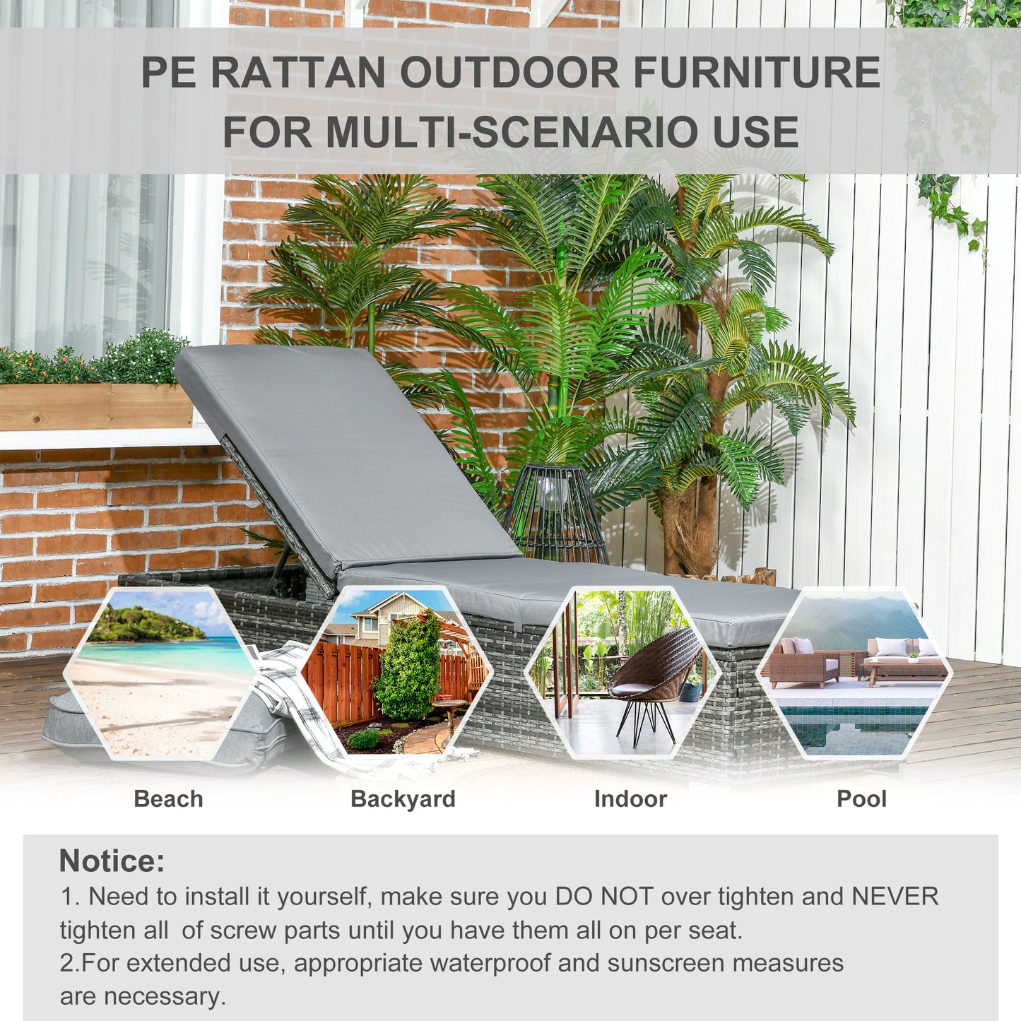 Outsunny PE Rattan Sun Loungers set of 2 with Cushion, Outdoor 2 Pieces Garden Sunbed Furniture with 5-Level Recliner Backrest, Reclining Patio Wicker Bed Chair, Grey--ChewyGames-ChewyGames