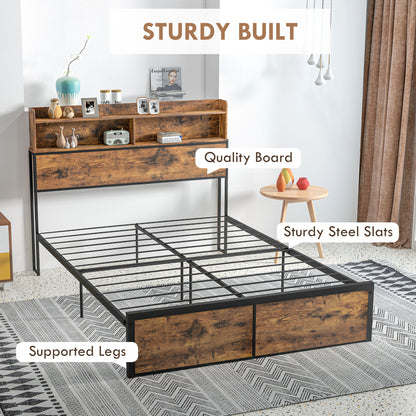 HOMCOM Industrial Double Bed Frame with Storage Headboard & Under-Bed Space – Robust Steel Base, 4.8 ft Double Bed, Rustic Brown