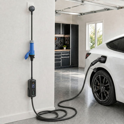 HOMCOM EV Charger 7kW Type 2 to CEE 32A Plug with UK Adapter, 10 m, 6-32A, Electric Car Charger w/ 1-12 h Time Delay