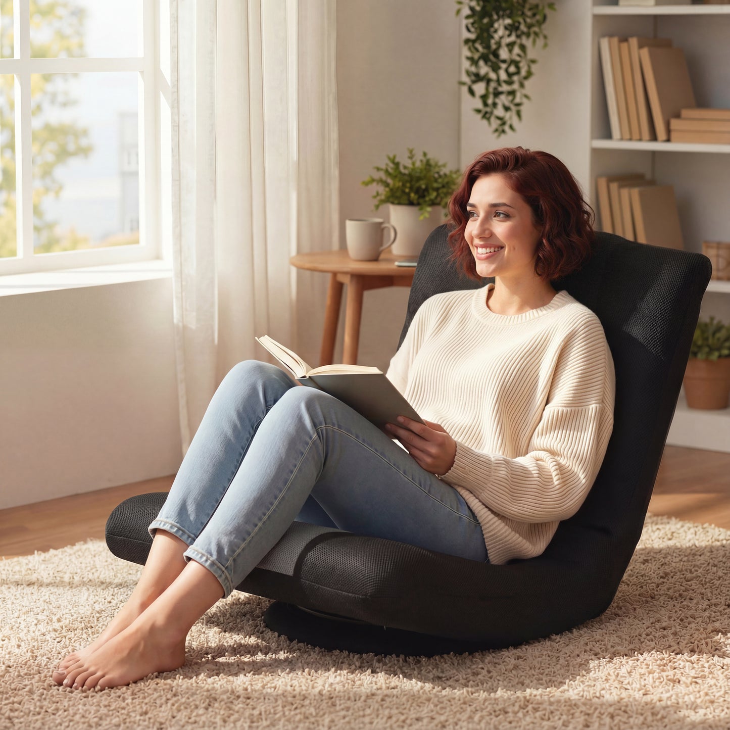 HOMCOM Floor Chair, Folding Floor Sofa with Adjustable Backrest, Wide Seat, Swivel Base, Black