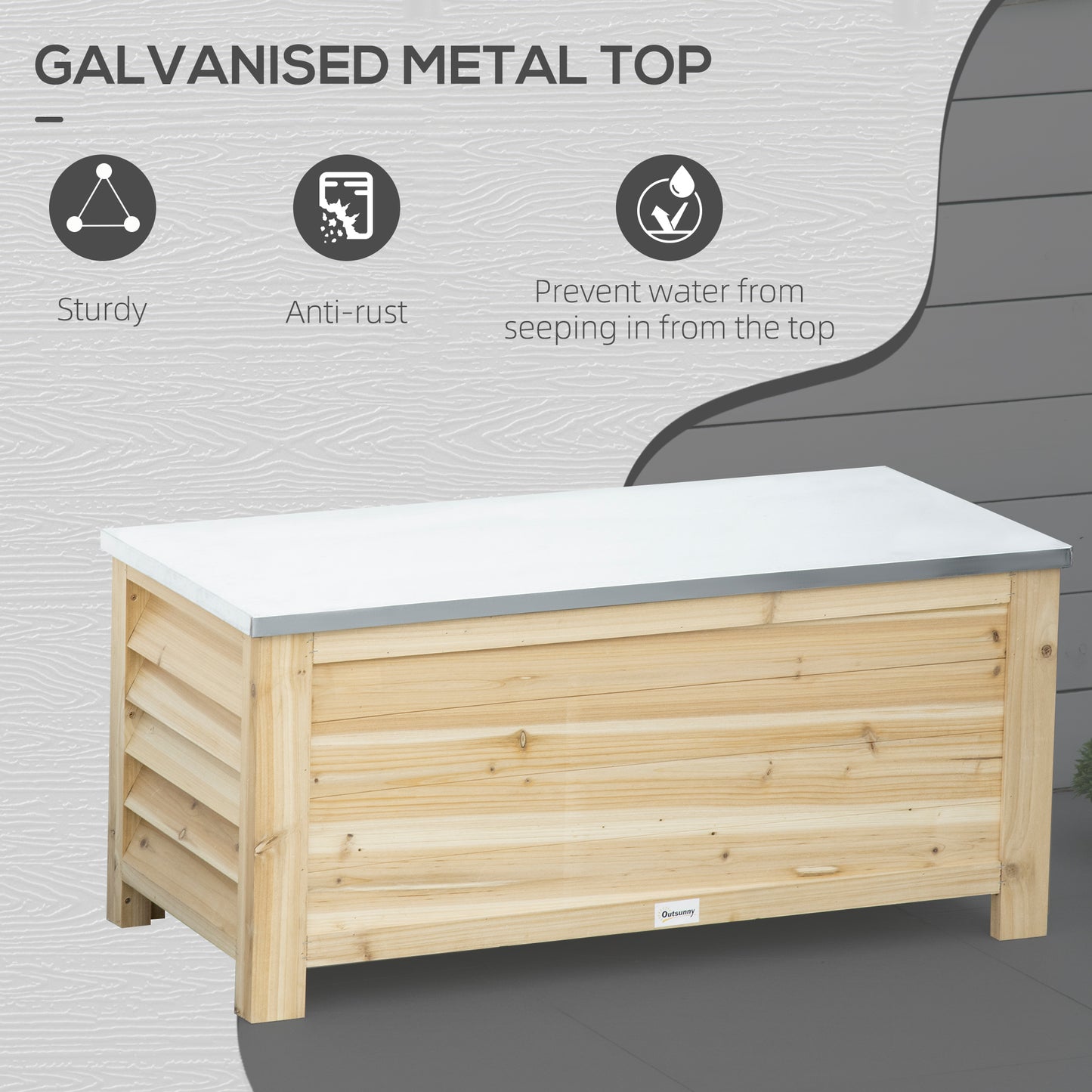 Outsunny 155L Outdoor Storage Box with Metal Top and Shutter Walls, Wooden Outside Tool organiser Container, for Garden, terrace--ChewyGames-ChewyGames
