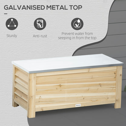 Outsunny 155L Outdoor Storage Box with Metal Top and Shutter Walls, Wooden Outside Tool organiser Container, for Garden, terrace--ChewyGames-ChewyGames