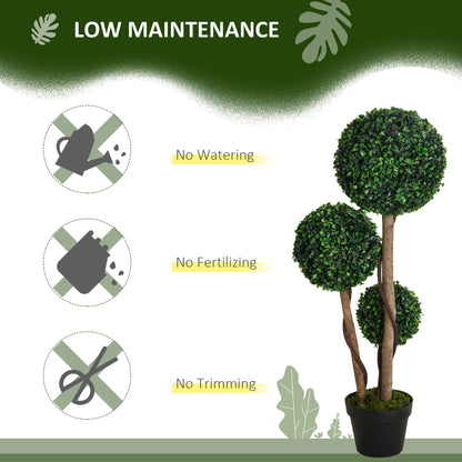 HOMCOM Decorative Artificial Plants Set of 2, Boxwood Ball Topiary Trees in Pot Fake Plants for Home Indoor Outdoor Decor, 90 cm, Dark Green