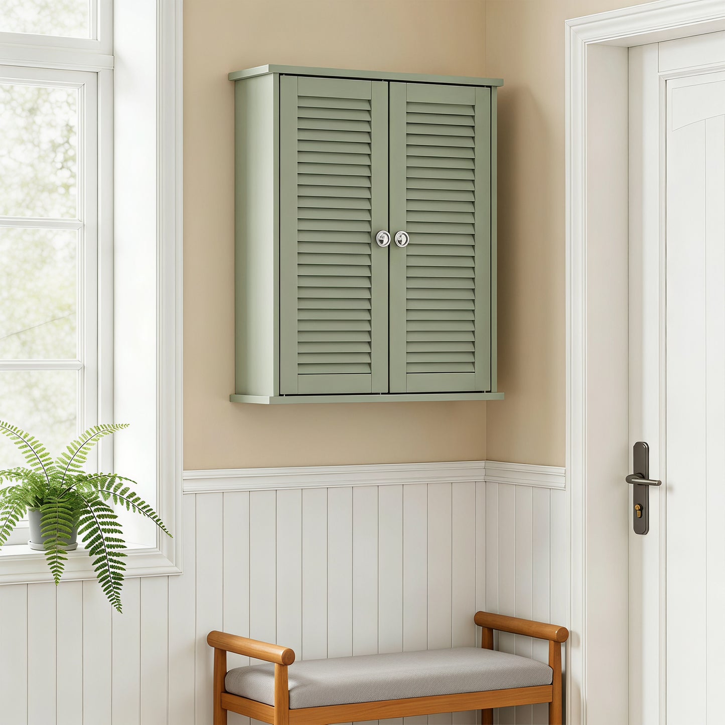 HOMCOM Bathroom Cabinet, Bathroom Wall Cabinet with Louvered Doors and Adjustable Shelf Storage for Kitchen, Light Green
