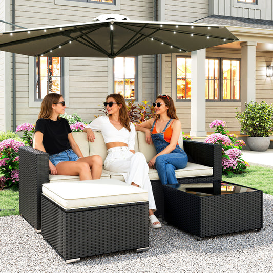 Outsunny 3 Pieces Garden Furniture Set w/ Cushions, PE Rattan Wicker Conversation Corner Sofa Set-Outdoor Furniture Sets-ChewyGames-ChewyGames