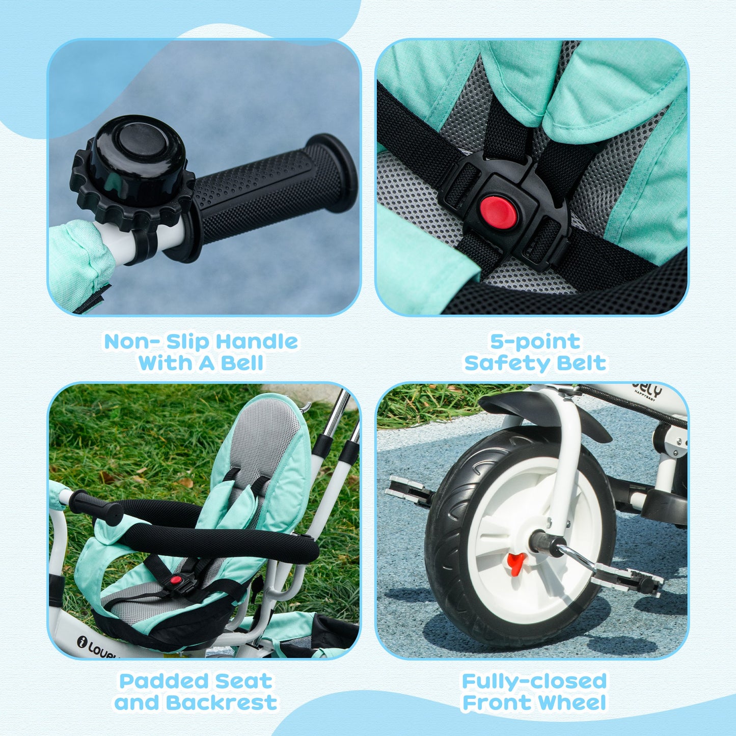 HOMCOM 6 in 1 Kids Trike Push Bike w/ Push Handle, Canopy, 5-point Seat Belt, Storage, Footrest, Brake, for 1-5 Years, Green