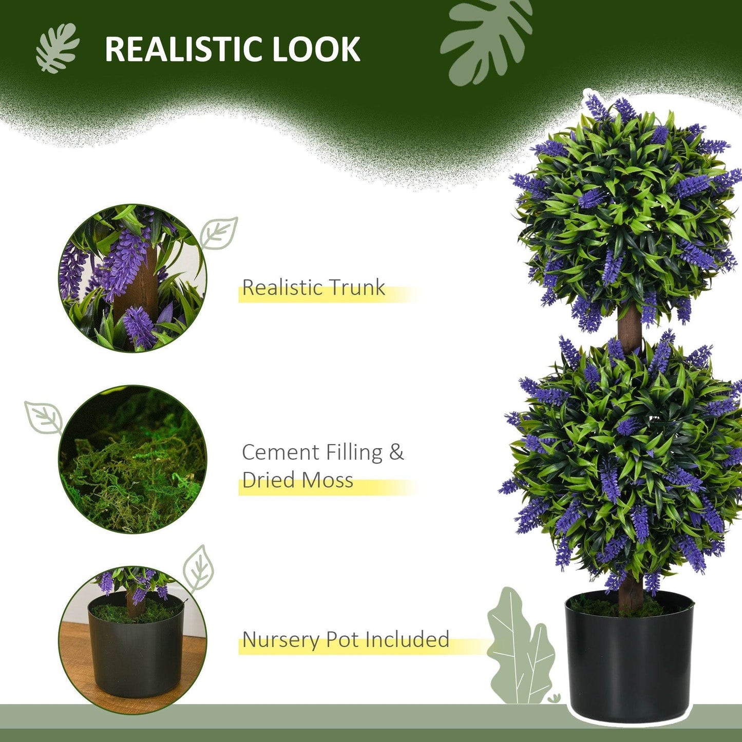HOMCOM Set of 2 Artificial Plants, Lavender Flowers Ball Trees with Pot, for Home Indoor Outdoor Decor, 70cm