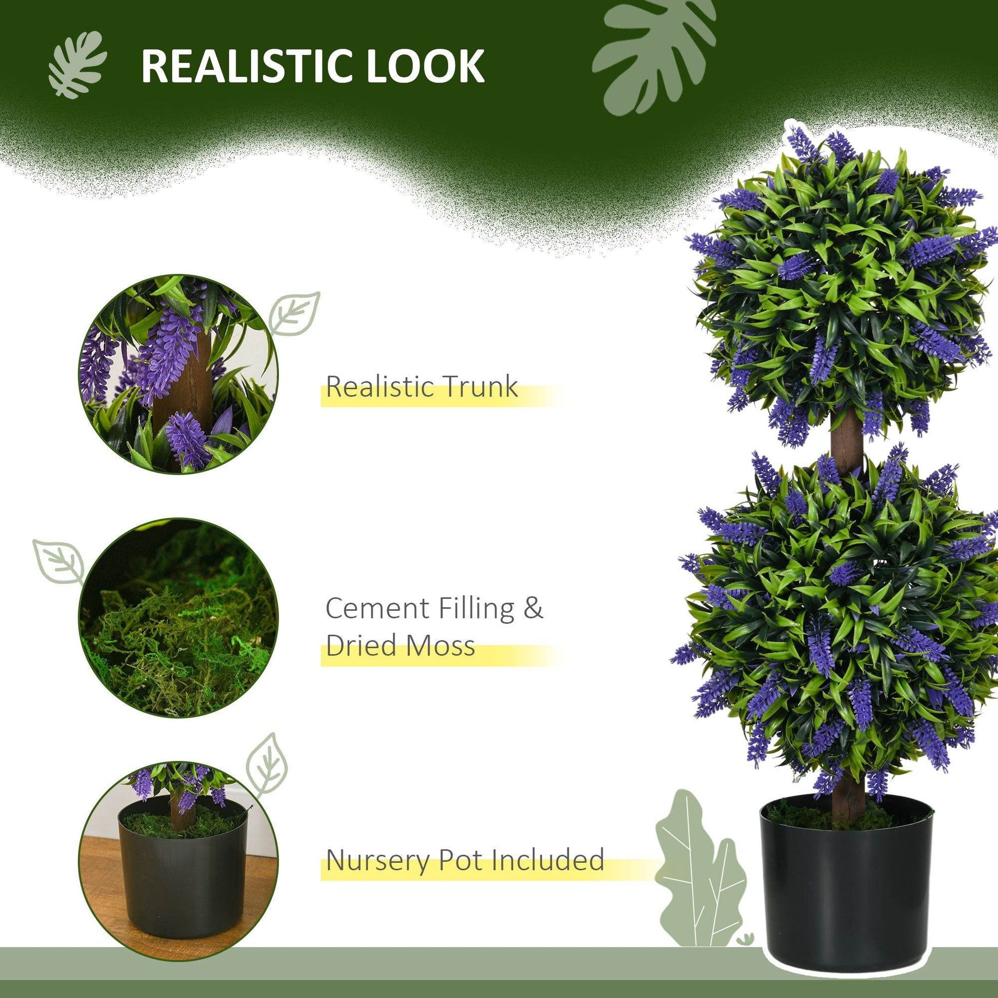 HOMCOM Set of 2 Artificial Plants, Lavender Flowers Ball Trees with Pot, for Home Indoor Outdoor Decor, 70cm