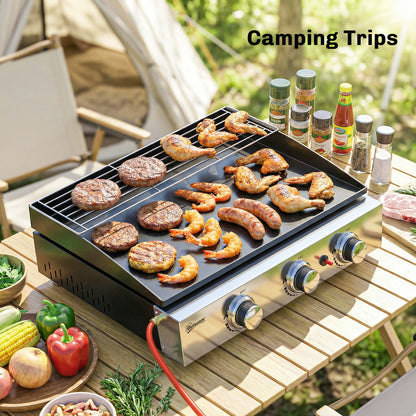 Outsunny 3 Burner Grill Griddle, Portable Gas Plancha with Warming Rack, 7.5 kW, Tabletop Gas BBQ with Grease Cup, Black