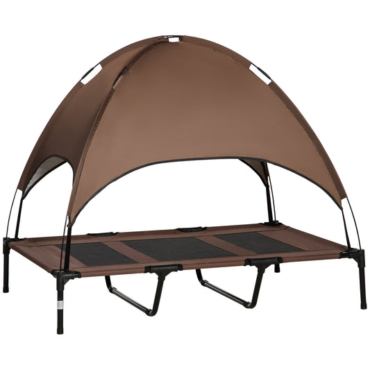 PawHut Outdoor Dog Bed with Removable Canopy, Portable Raised Dog Bed for Camping, Garden & Beach, Water-Resistant UV-Protection Mesh Pet Cot Sun Lounger, for XL Pets, 122 x 92 x 108 cm, Brown--ChewyGames-ChewyGames