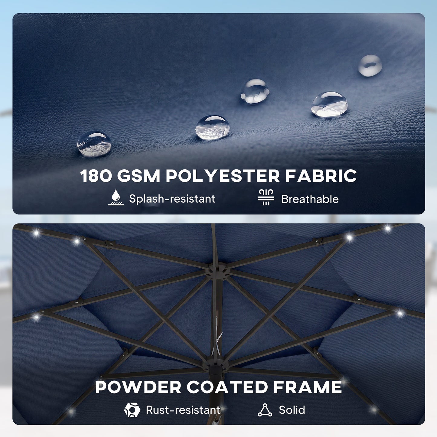 Outsunny 2.8 m Garden Parasol Umbrella with LED Solar Light, Parasol Cover, 3 Tier Outdoor Table Market Patio Umbrella, Navy Blue