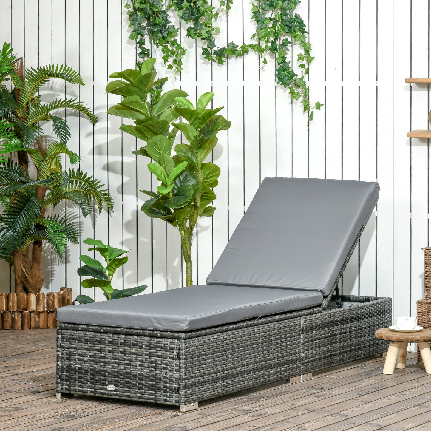 Outsunny PE Rattan Sun Lounger, Five-Position Adjustable Recliner Lounger Chair with Soft Padded Cushion for Patio, Mixed Grey