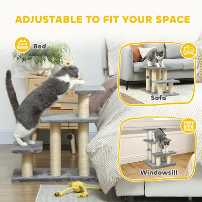 PawHut Dog Steps for Bed, 3 Step Adjustable Pet Stairs for Sofa with 6 Sisal Scratching Posts for Small Dogs & Cats, Grey