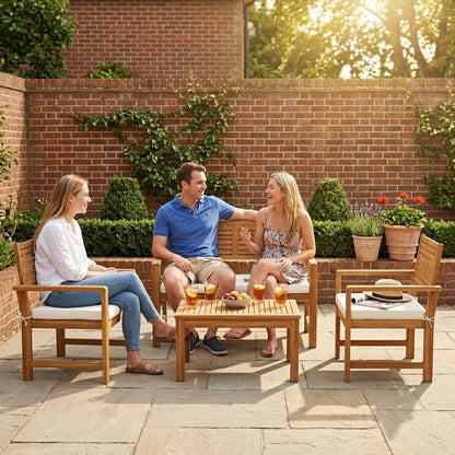 Outsunny 4 Seater Wooden Garden Furniture Set with Loveseat, Armchairs, Table, Acacia Wood Garden Sofa Set, Cream White