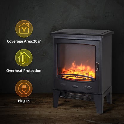 HOMCOM Tempered Glass Casing Electric Fireplace, Freestanding Electric Fire with Realistic Flame Effect, Log Burner with Overheat Protection, 1000w/ 2000W, Black