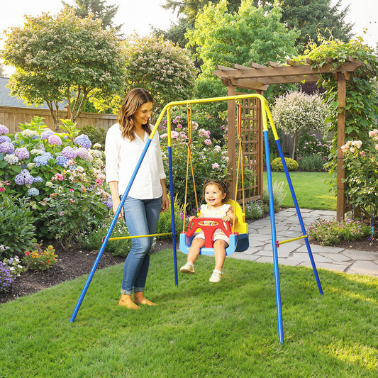 AIYAPLAY 3 in 1 Toddler Swing Set, Folding Child Swing Set with Seat Belt, Adjustable Seat for Outdoor Indoor, Blue
