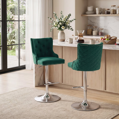 HOMCOM Bar Stools Set of 2, Modern Swivel & Adjustable Velvet Barstools with Button-Tufted Back, Footrest for Home Bar, Green