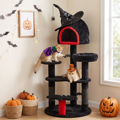 PawHut Gothic Cat Tree, 155cm Cat Tower for Indoor Kittens, Multi-Level Stable Kitten Activity Centre, Black, Halloween