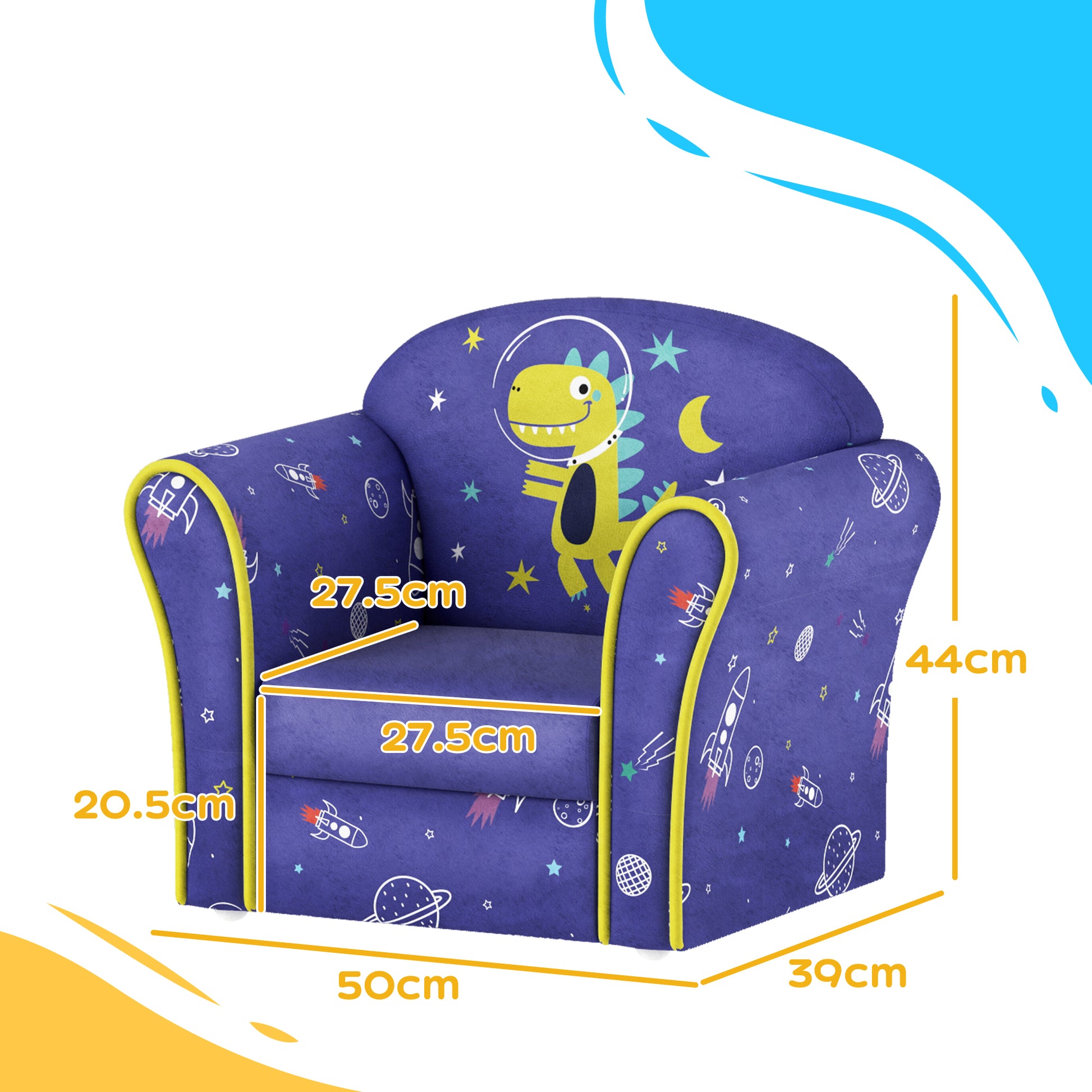 AIYAPLAY Kids Armchair with Planet Dinosaurs Design, Wooden Frame, for Bedroom, Playroom, Kids Room - Blue-Play Sofas-ChewyGames-ChewyGames