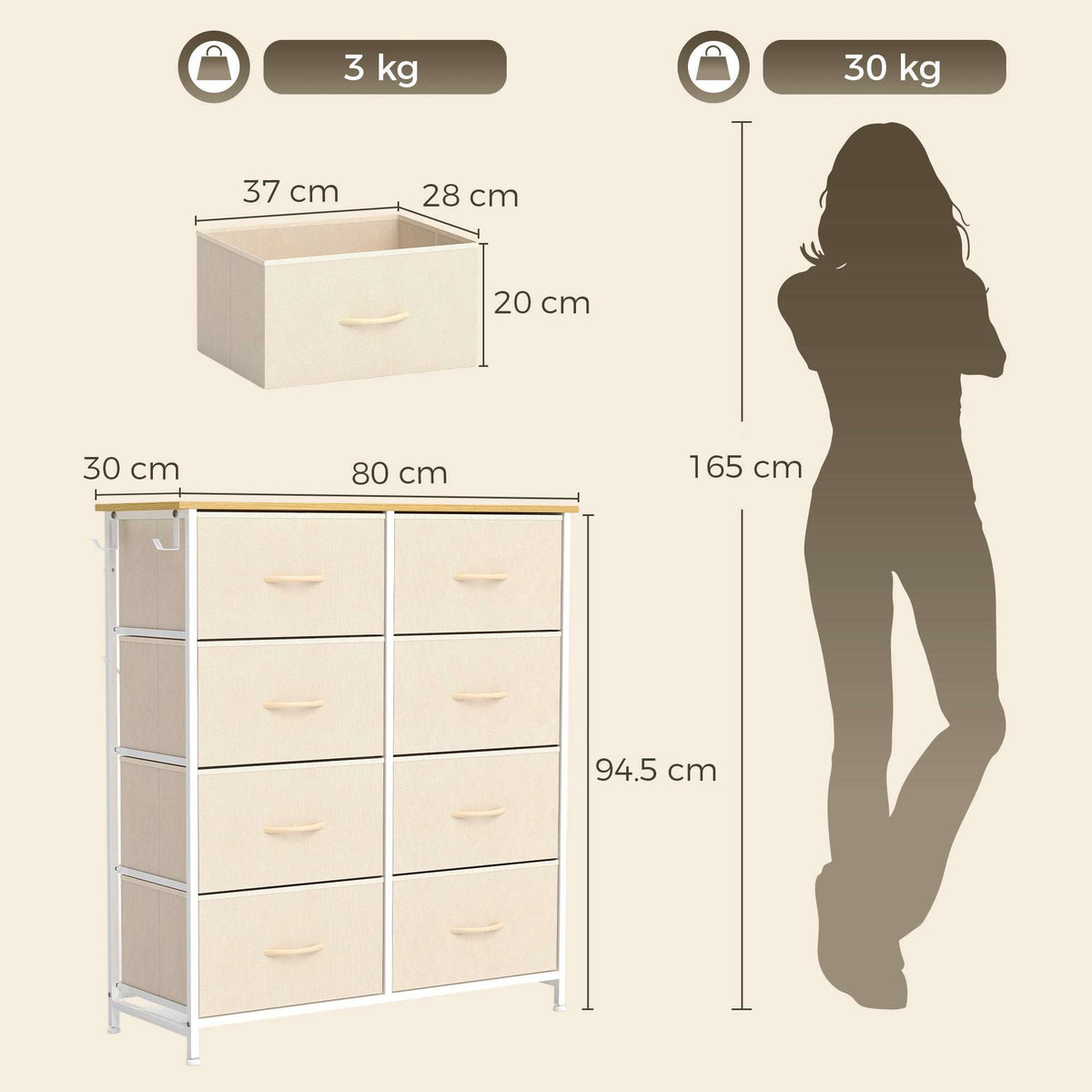 HOMCOM Chest of Drawers, Dresser with 8 Fabric Drawers, Tall Storage Unit with 4 Pockets and 2 Hooks Steel Frame, Beige