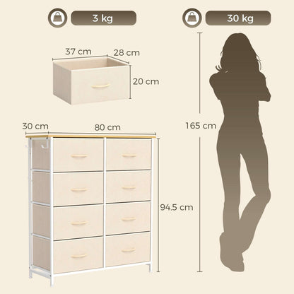 HOMCOM Chest of Drawers, Dresser with 8 Fabric Drawers, Tall Storage Unit with 4 Pockets and 2 Hooks Steel Frame, Beige