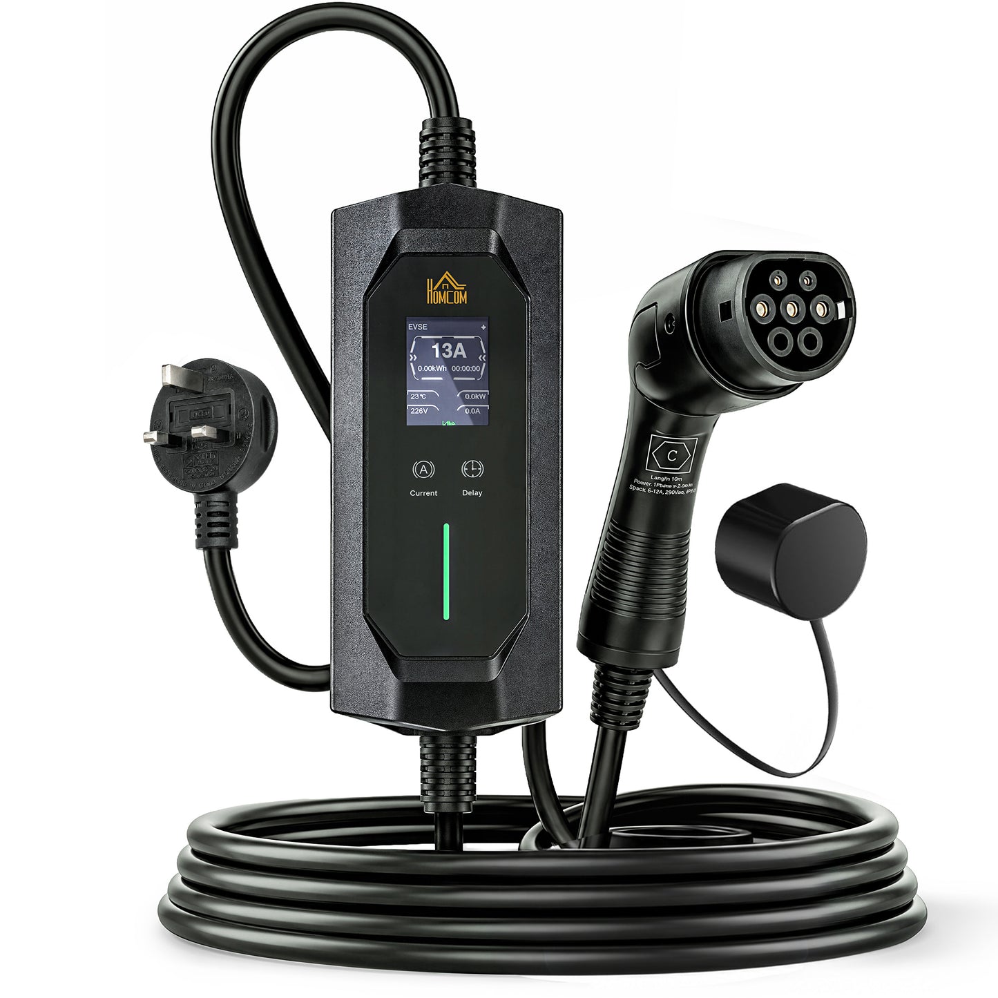 HOMCOM EV Charger Type 2 to 3 Pin Plug, 10 m, 2.8 kW, 6-13 A, Electric Car Charger Type 2 Charging Cable w/ 1-12 h Time Delay