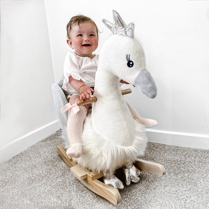 HOMCOM Kids Rocking Horse, Children Plush Ride On Swan Animal Rocker w/ Sound, Wood Base Seat, Seat Belt, Baby Toy Rocker for Toddler 18 - 36 Months, White and Grey